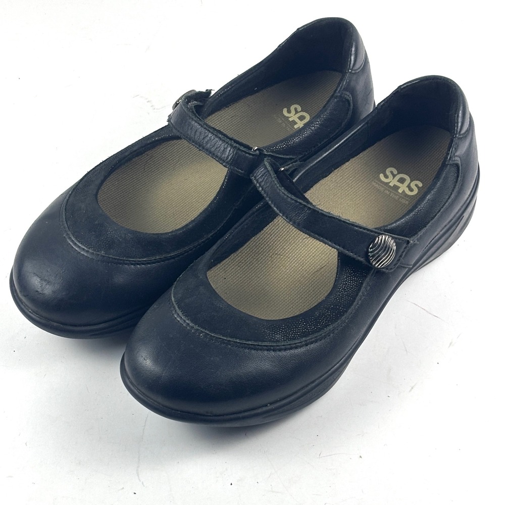 SAS Mary Jane Shoes Womens 9 W Black Leather Walk Easy Strap Flats Comfort Ortho